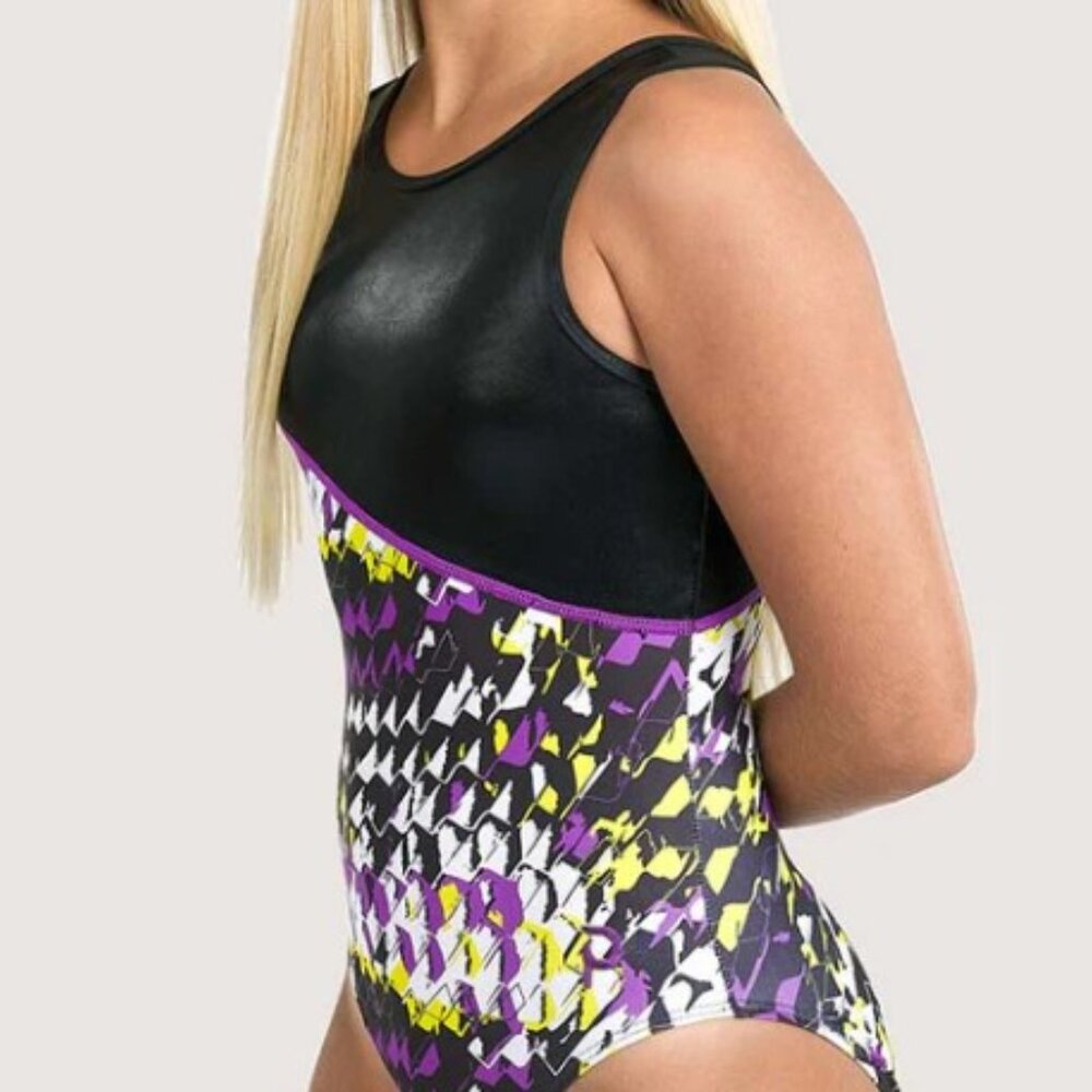 Plum Dyn-O-Mite Asymmetrical Gymnastics Leotard Black Purple Adult XS Like New